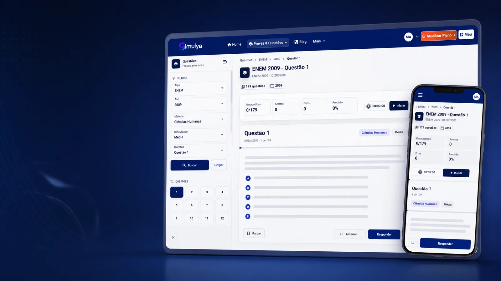 Interface da Simulya exibindo uma questão em versões desktop e mobile